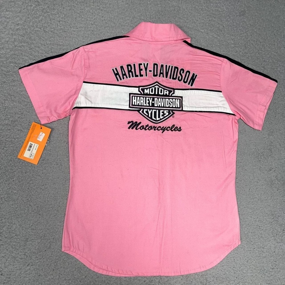 NWT Harley Davidson Shirt Youth Sz 10/12 Peach Short Sleeve 2-Sided Button Down